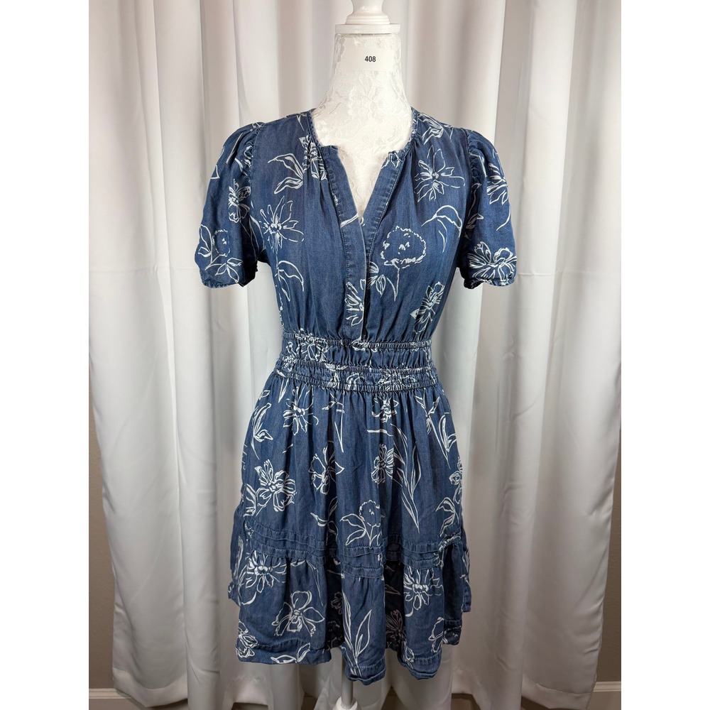Velvet Heart Blue Floral Denim Mini Dress XS Smocked Waist Tiered Puff Sleeve